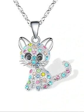 Colorful Rhinestone Silver Cat Pendant Necklace